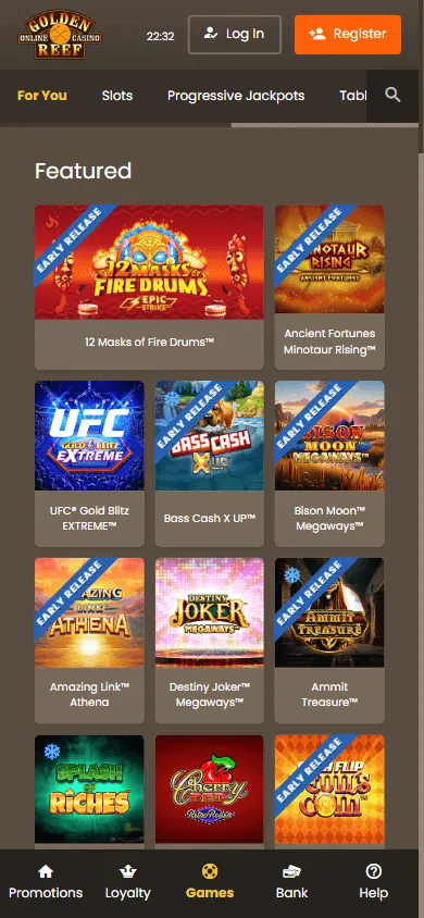 ReefSpins casino games on a mobile device